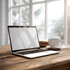 Laptop with blank screen and steaming coffee on wooden table in bright home office