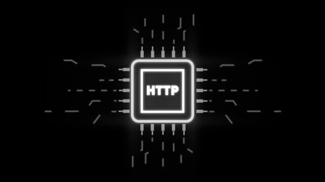 H T P protocol symbol with glowing white lines on black background representing web technology and data transfer