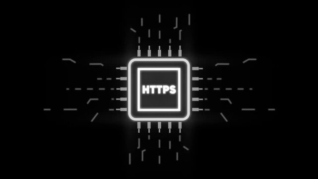 H T P S protocol symbol with glowing white lines on black background representing secure internet connection and cybersecurity