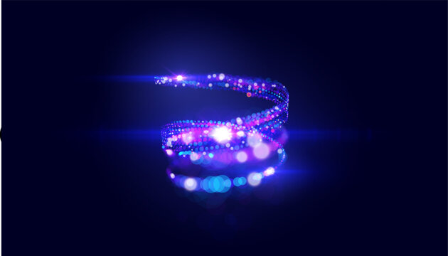 Abstract spiral of luminous particles and light trails on dark vector background, symbolizing data flow, digital transformation, energy, artificial intelligence and high speed information  concept