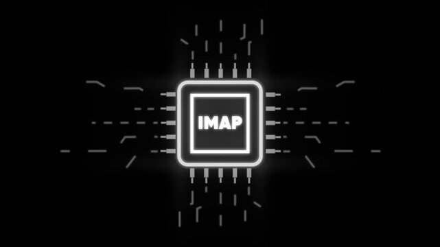 Glowing I M A P Server with Neon Effect on Dark Background with Circuit Board IMAP