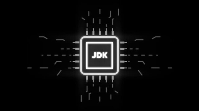 J D K software development kit neon glowing on black background with circuit board Java Development Kit