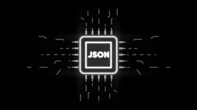 J S O N data format concept with glowing neon chip electronic background json data json format