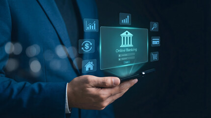 Fototapeta premium Businessmans hand holds smartphone accessing secure online banking in a dark digital envir