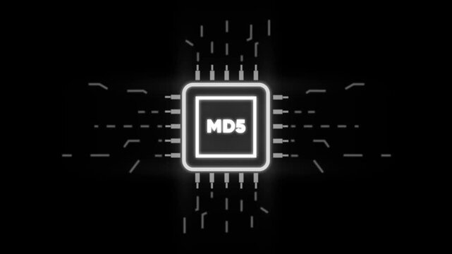 Glowing M D5 Hash Function with Neon Effect on Dark Background for Cybersecurity and Data Integrity Concepts