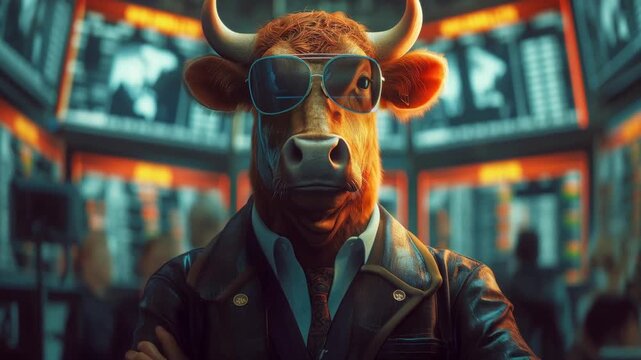 Bull Sunglasses Leather Jacket Business Stock Market Animal Anthropomorphic Confident Finance Modern Style Trading Suit