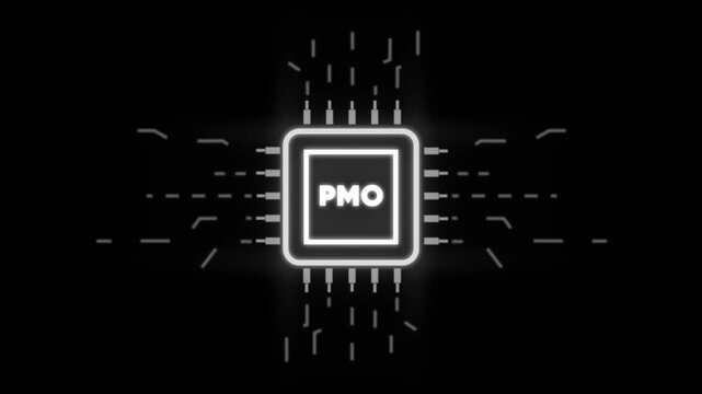 Glowing P M O Microchip Circuit Board on Black Background with Neon Lines and Dots