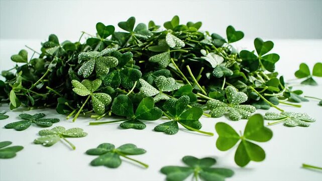 Fresh Green Clover Leaves Scattered on White Surface.