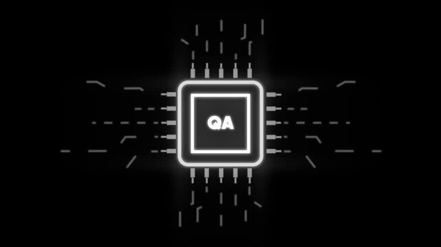 Q A assurance neon glowing on black background with circuit board