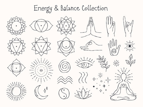 Hand-drawn line art vector of energy and balance symbols, including chakra symbols, yin-yang, sun and moon, breathing lines, energy circles, hand gestures, energy point, and a meditating figure