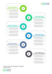 6 options business infographic template, theme of rounded corner square frames which overlap with each other also with gears in various colors