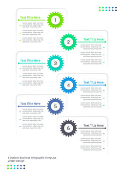 6 options business infographic template, theme of rounded corner square frames which overlap with each other also with gears in various colors