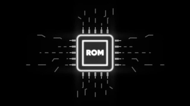 Read Only Memory R O M Chip Circuit Board Component with Glowing Outline on Black Background with White Lines and Dots