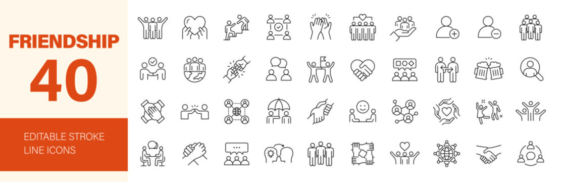 Friendship icon set. Editable line icons. Vector illustration.