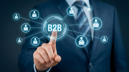 Businessman in dark suit pointing at glowing B2B network on digital screen