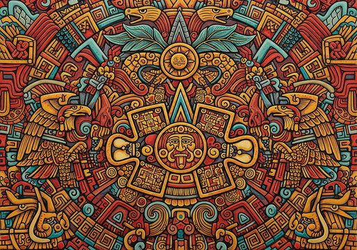 Intricate Aztec Sun Stone Calendar Design with Eagle Motifs in Vibrant Earthy Tones
