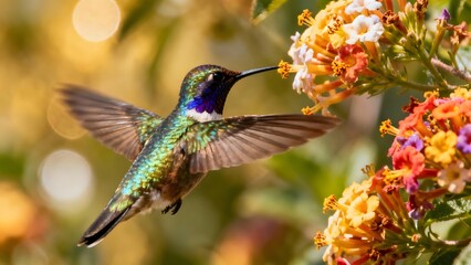 Obraz premium Realistic Wildlife Photography of a Hummingbird with Iridescent Plumage and Spread Wings