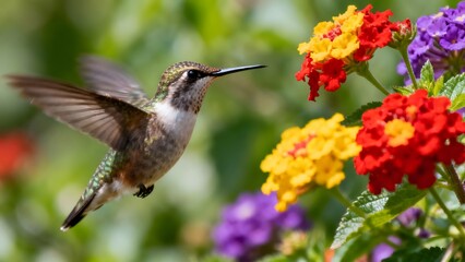 Fototapeta premium Tiny Hummingbird Hovering Near Vibrant Red and Yellow Flowers in a Summer Garden