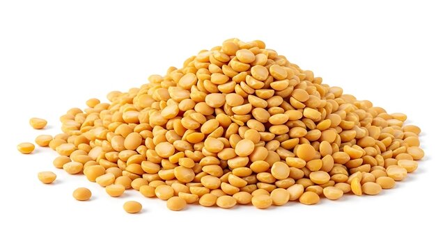Pile of raw yellow split peas or lentils isolated on white background.
