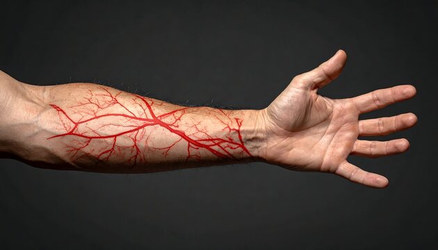 Human arm and hand with an artistic rendering of red vascular system against gray background