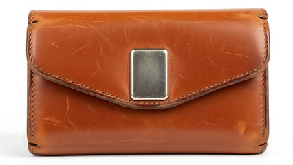 Brown leather wallet with metal clasp on white background.