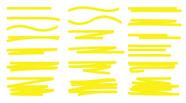 Yellow highlighter underline brush stroke set with marker pen highlights, hand drawn vector lines and accent strokes for text emphasis and design decoration stock illustration
