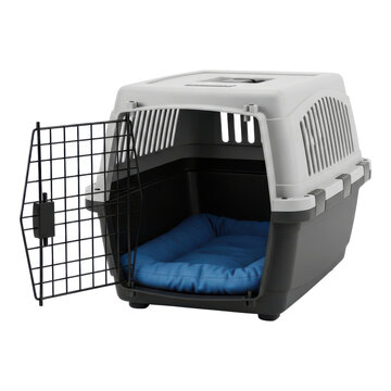 Pet dog crate with blue cushion isolated on transparent background for travel or training