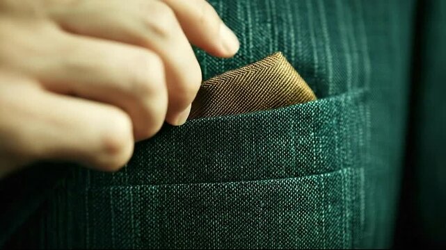 Man adjusting brown pocket square in tailored suit, indoor setting
