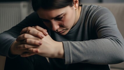 Obraz premium A woman sits alone, hands clasped together in contemplation, surrounded by a somber atmosphere.