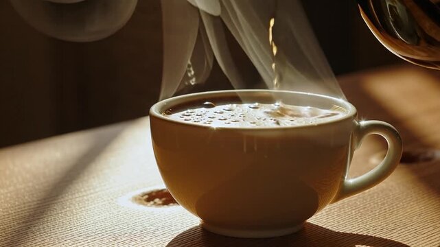 This captivating shot features a dark, rich stream of hot coffee elegantly pouring into a warm-toned ceramic mug, generating distinct, dynamic swirls and abundant, ethereal steam that dramatically ris