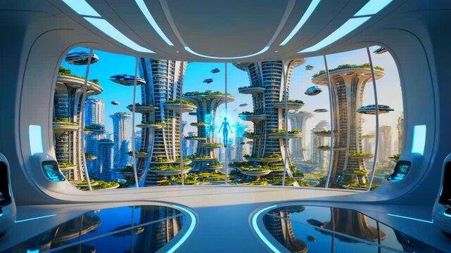 Panoramic interior viewing deck overlooking futuristic metropolis with flying vehicles, floating platforms and central holographic human projection, researcher role, utopian skyline, drones