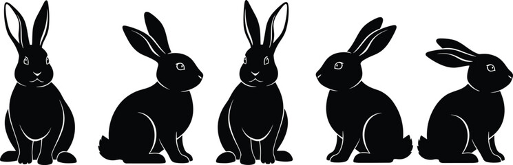 Obraz premium Rabbit silhouette collection, black illustration, animal poses, side profile, sitting bunny, white outline, fur detail, wildlife icon, pet design, cute contour, rodent anatomy, artistic rendering,