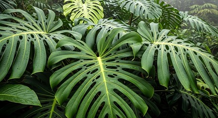 Fototapeta premium Lush Green Monstera Plant Leaves with Natural Light.