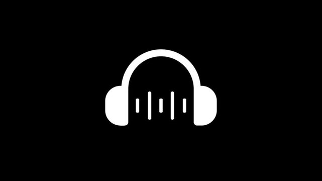 Minimalist white headphones icon with digital sound wave motion on black background animation