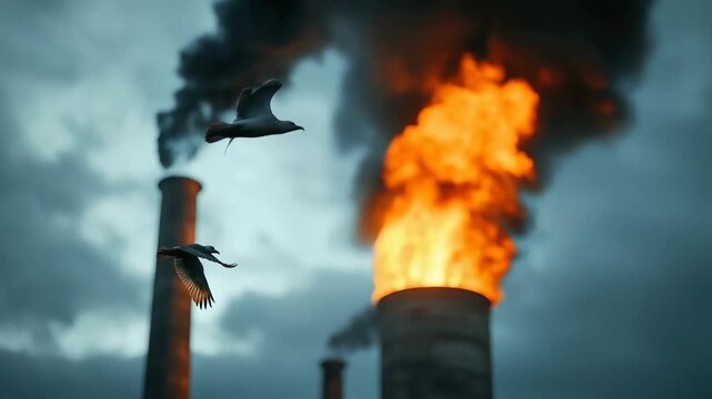 Pollution smokestack fire flame bird seagull sky cloud industrial climate crisis environment, factory chimney smoke fire and flying bird dramatic