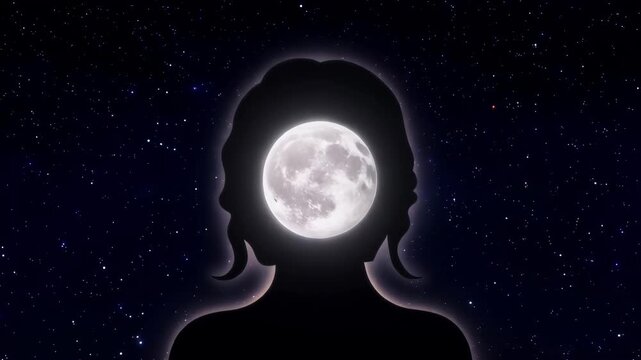 Slow seamless animation of sphere transforming through moon phases within stylized female silhouette floating in starry space. Realistic celestial cyclical holistic wellness commercial