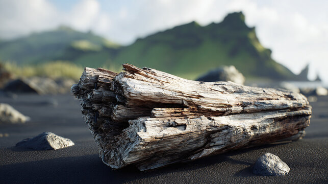 A weathered log resting on a black sand beach with mountains in the distance
