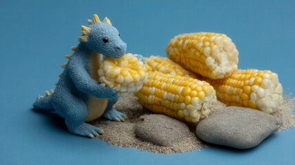 Obraz premium Dragon Eats Corn: Cute Food Still Life, Healthy Eating