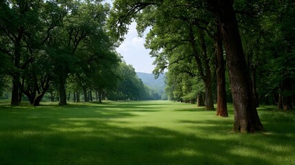 Fototapeta premium A picturesque grassy avenue lined with majestic mature trees bathed in d d sunlight leading towards distant hills