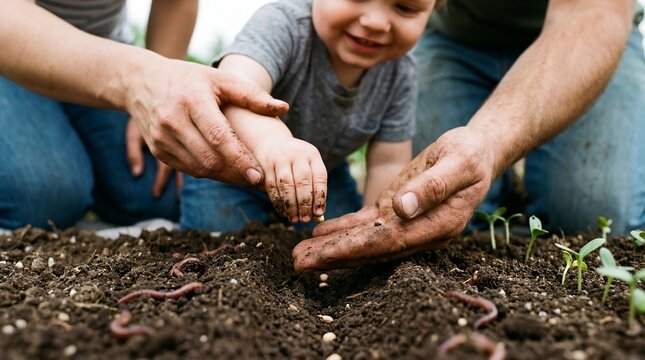 Child and adults planting seeds in soil