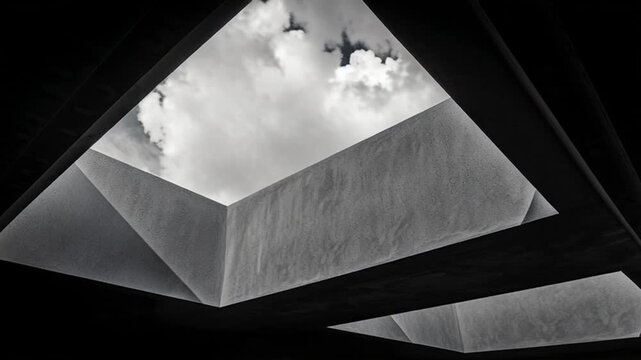 Black and white view through triangular skylight with clouds.