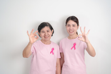 Couple woman with pink Ribbon for Pink October Breast Cancer Awareness month, May Women Health,...