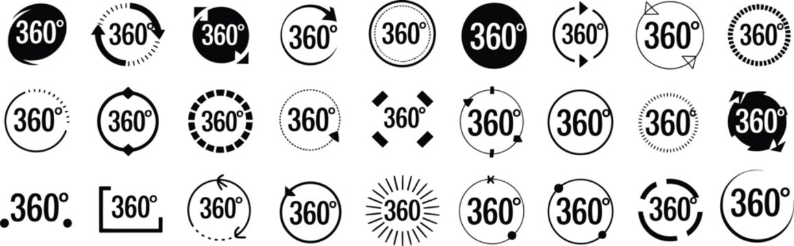 Collection of circular 360 degree view icons in varying styles on transparent background high-quality professional detailed modern elegant stylish clean