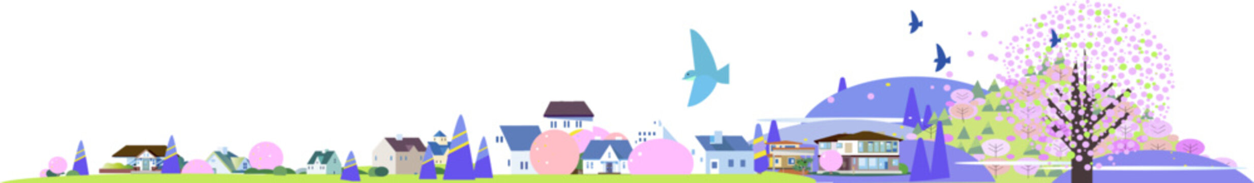 Panoramic vector illustration of a spring cityscape with cherry blossoms and residential houses.