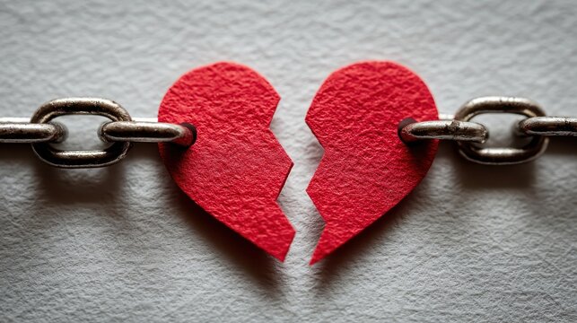 A close-up of a broken red heart made of paper, linked to a silver chain, symbolizing heartbreak and emotional disconnection.