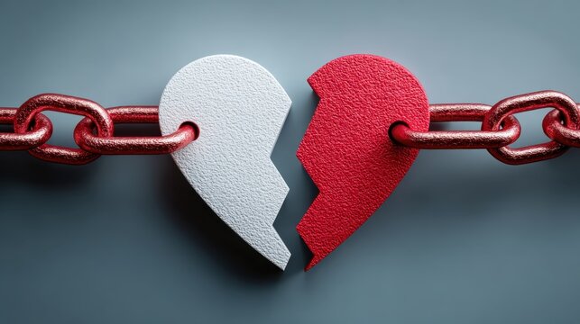 A broken heart depicted in two contrasting colors, connected by a chain, symbolizing emotional pain and attachment.