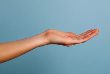 Open Hand Gesture Of Woman Holding Something Against A Blue Background