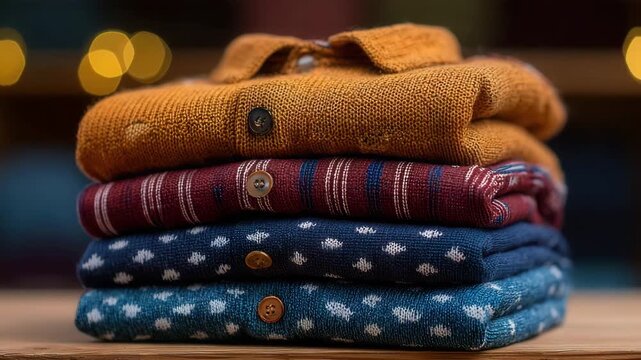 Stack of colorful sweaters on wooden table in cozy atmosphere