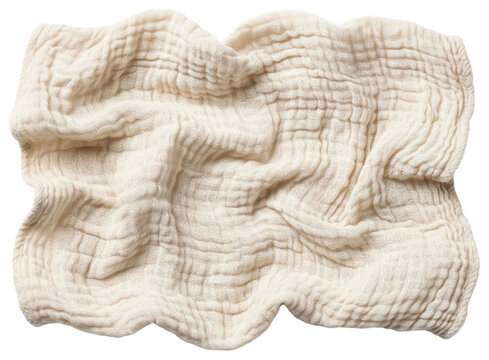 Crumpled piece of beige muslin cotton fabric with wrinkled texture on a transparent background