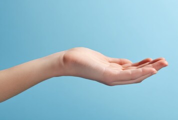 Open Palm Reaching Out Against A Clean Light Blue Studio Background Minimalist And Clean